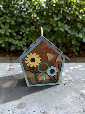 Hand Crafted Blue-Trim Floral Birdhouse with Yellow Sunflower